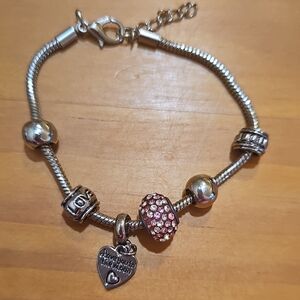 Silver and Pink Charm Bracelet with Heart